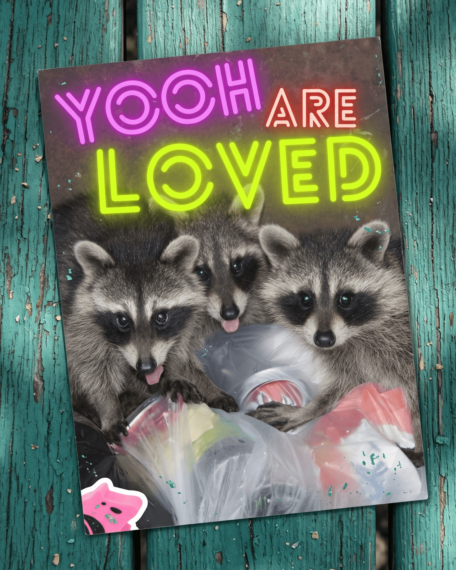 yooh are loved trash pandas card photographed on wood