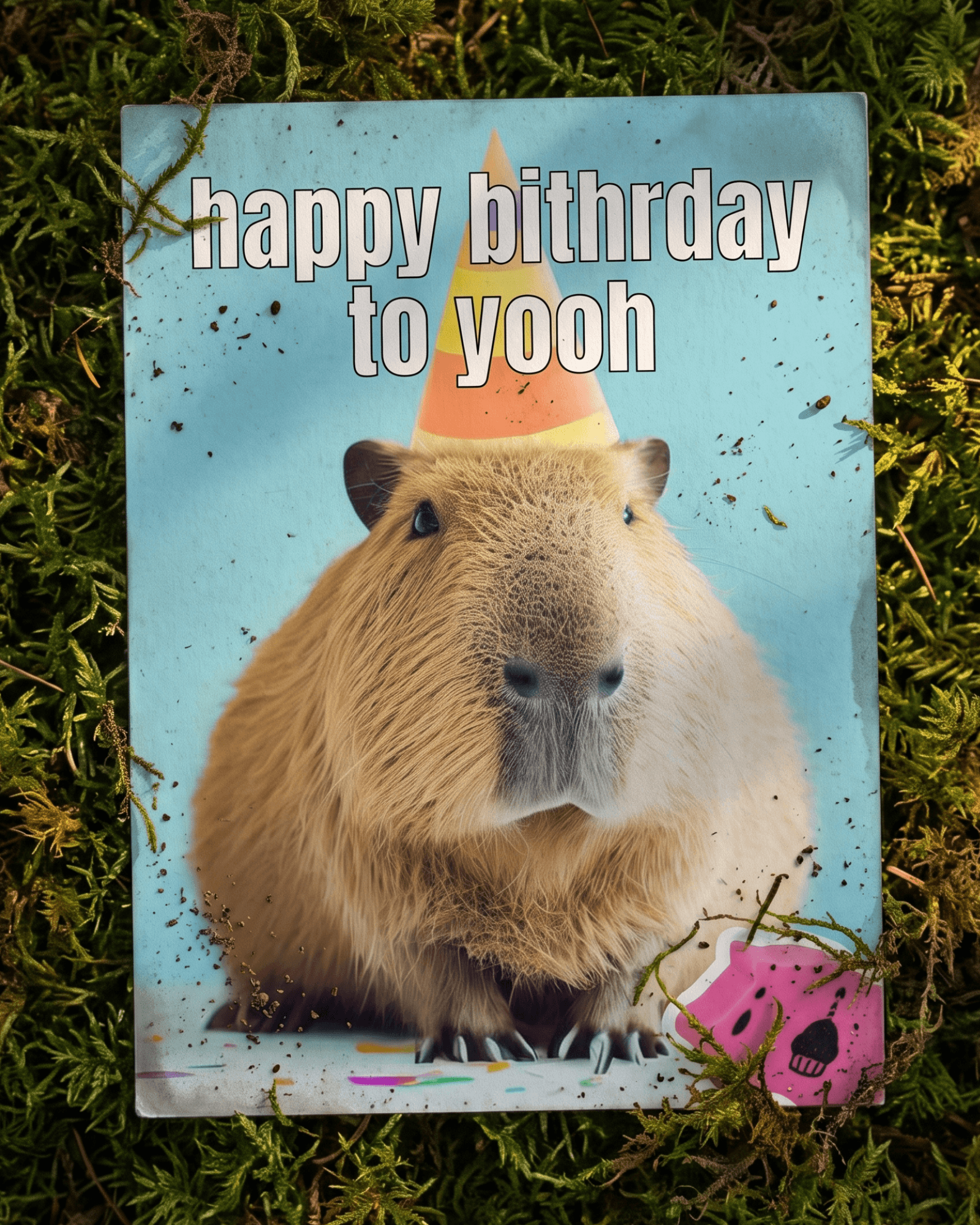 happy birthday to yooh capybara card photographed on moss