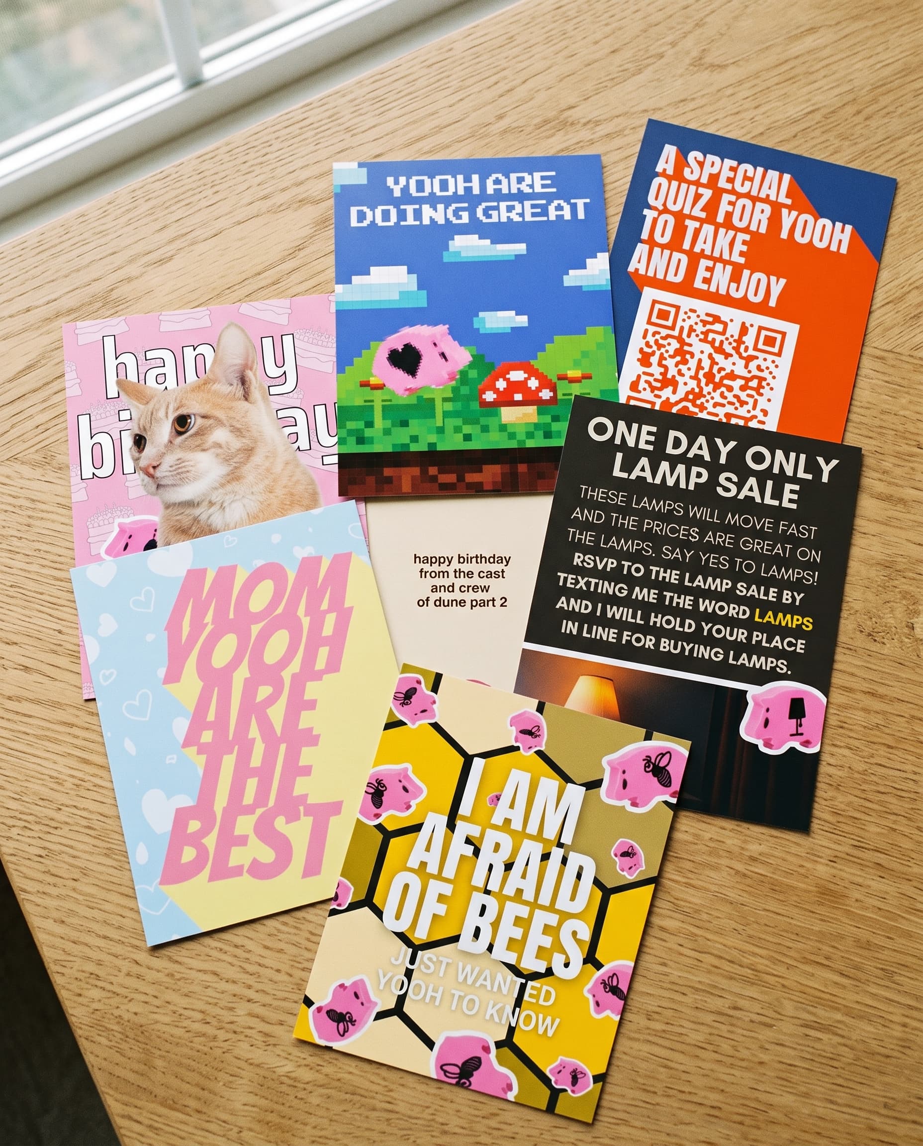 a selection of age hams cards arranged on a table