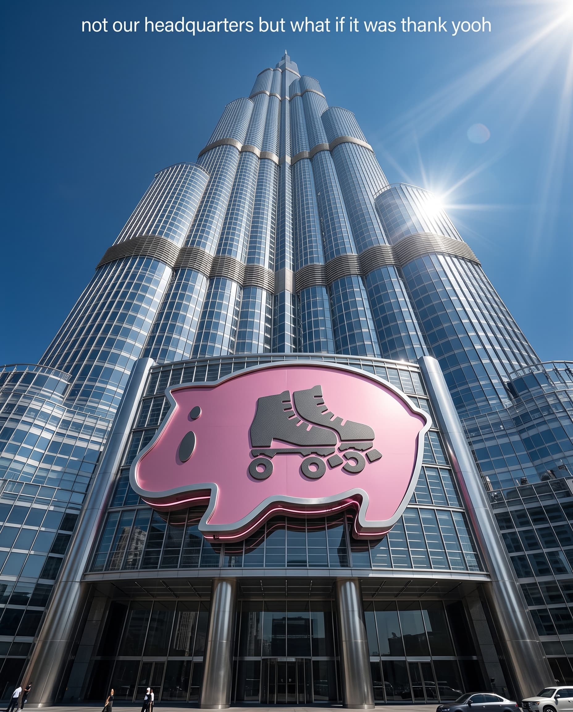 a fictional age hams headquarters tower with a giant pink ham sign